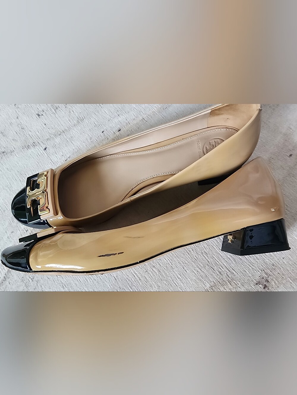 Two-Tone Beige and Black Cap-Toe Ballet Flats with Gold Accent - Picture 4 of 16